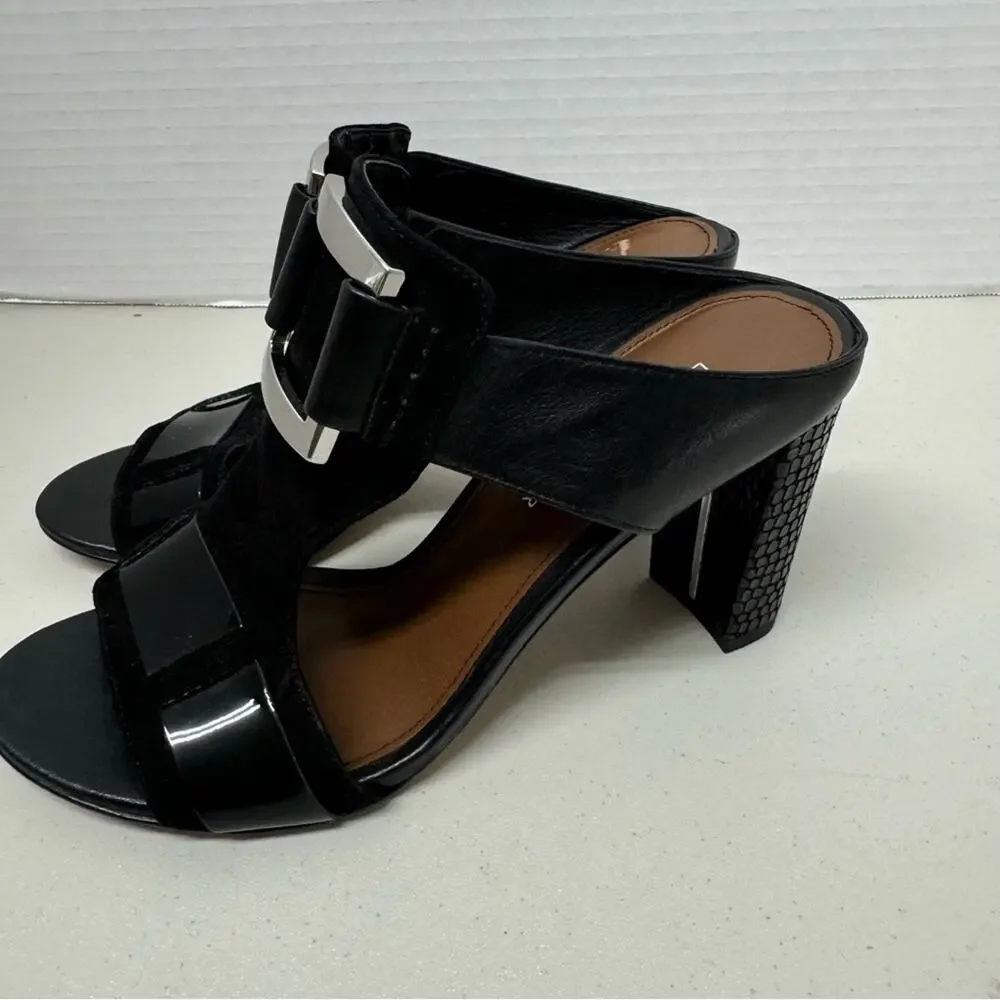 Donald J Pliner Black Leather Slip On Mule Heels Womens 7.5 Tesa Buckle Accent